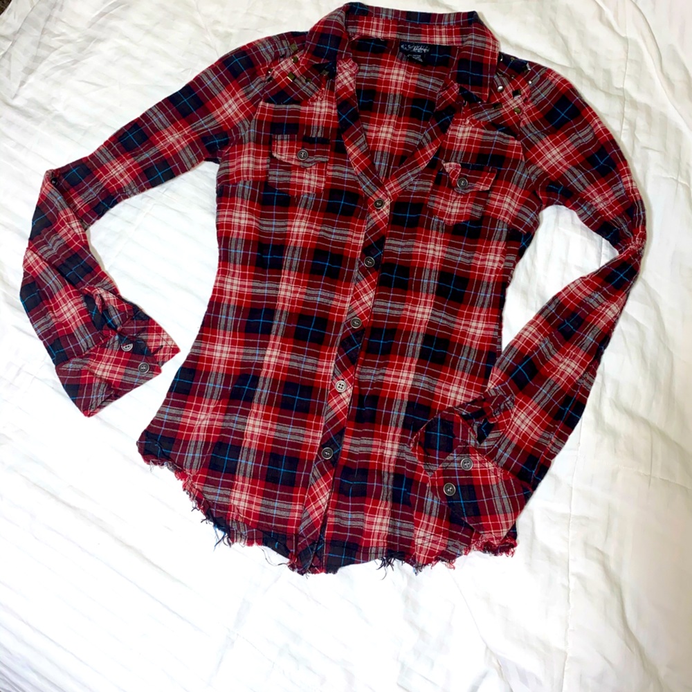 Daytrip Red Plaid Long Sleeve Button Up Studded S